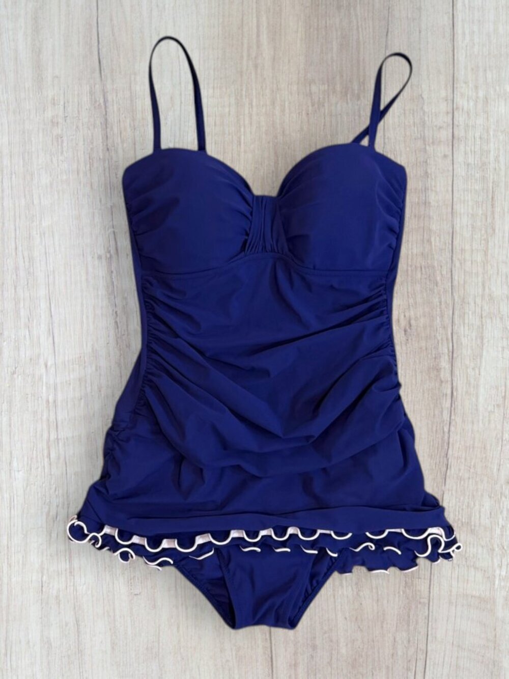 Profile by Gottex Tutti Frutti Navy Blue Ruched Ruffle Swimdress One Piece 10